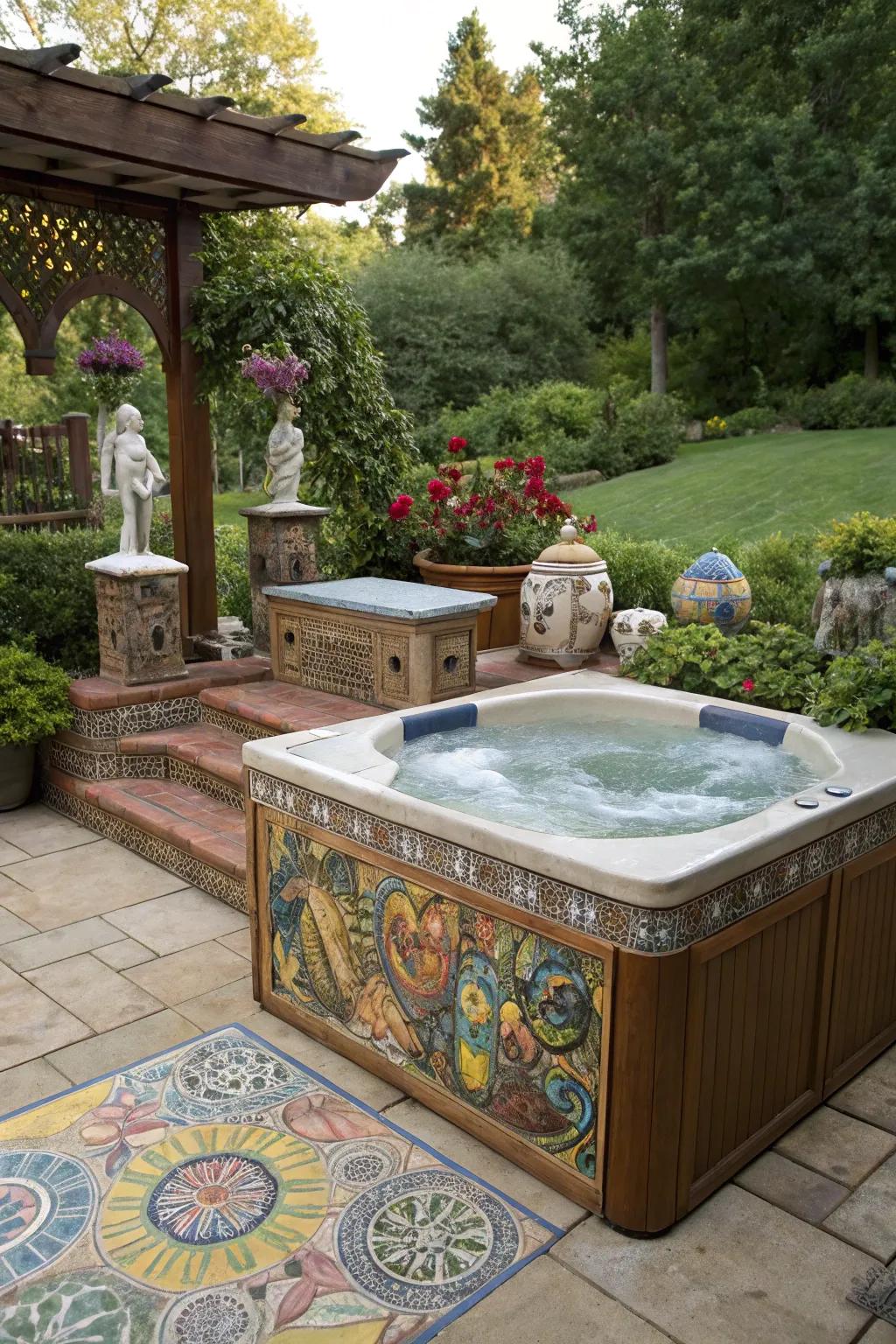 Improve your hot tub area using artistic pieces for a personal touch.
