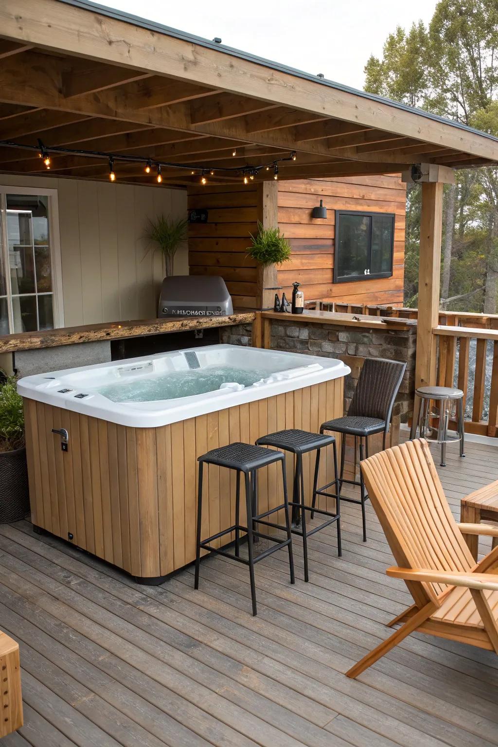 Elevate your deck by using a convenient bar space next to your hot tub.