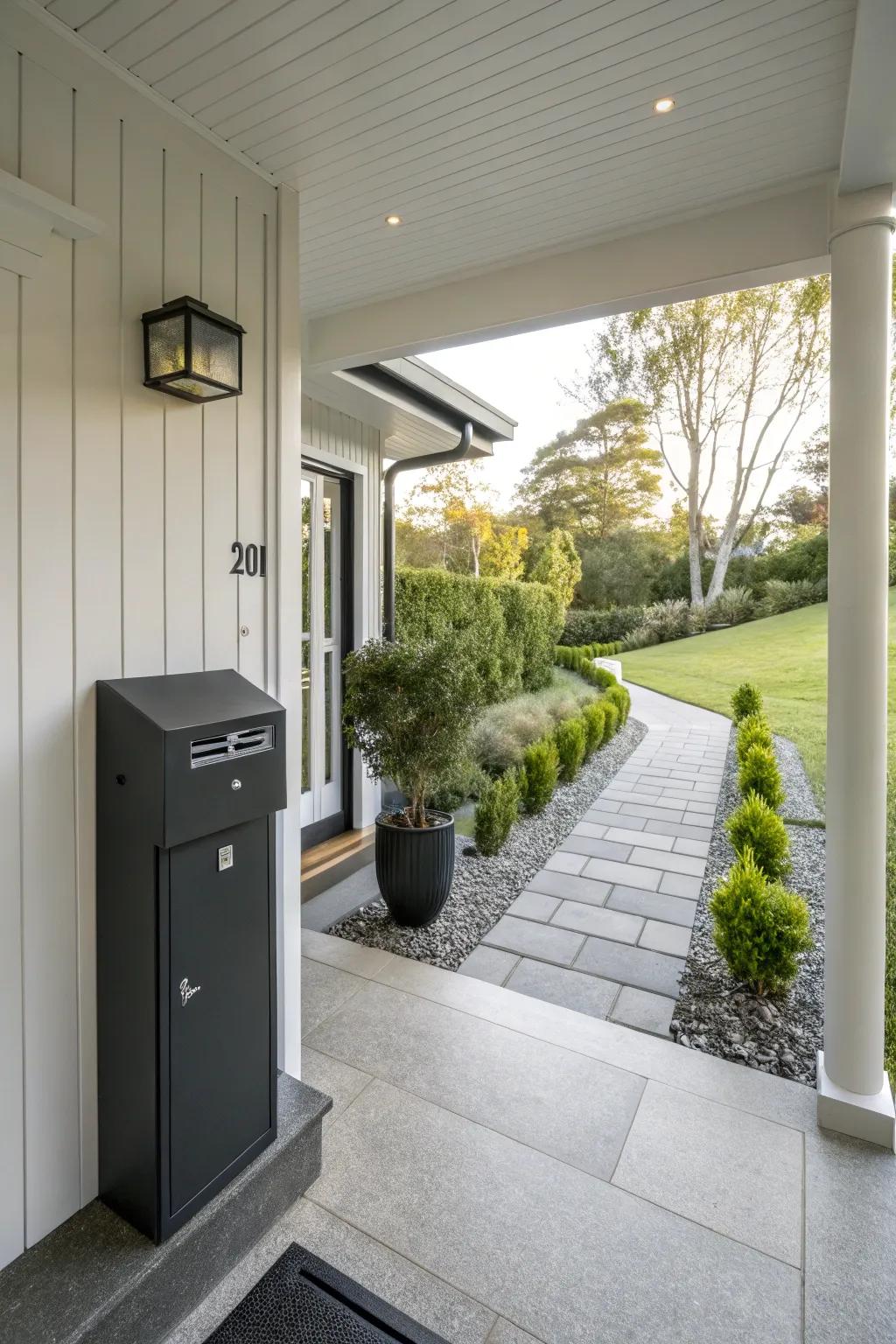 An elegant mailbox enhances the curb appeal of this modern porch.