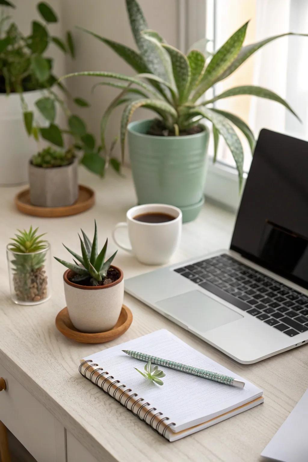 Botanicals on your desk can enhance your workspace ambiance.