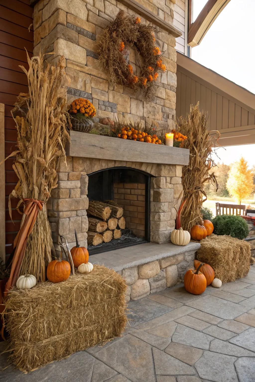 A harvest-themed fireside space exuding Halloween spirit