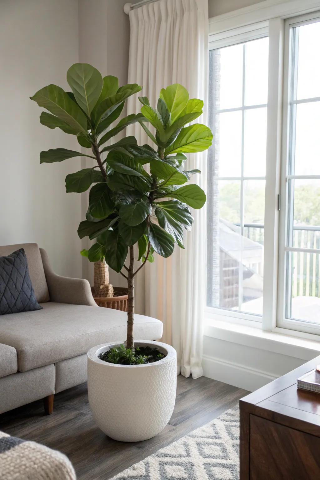 Fiddle Leaf Fig making a striking statement in the family room.
