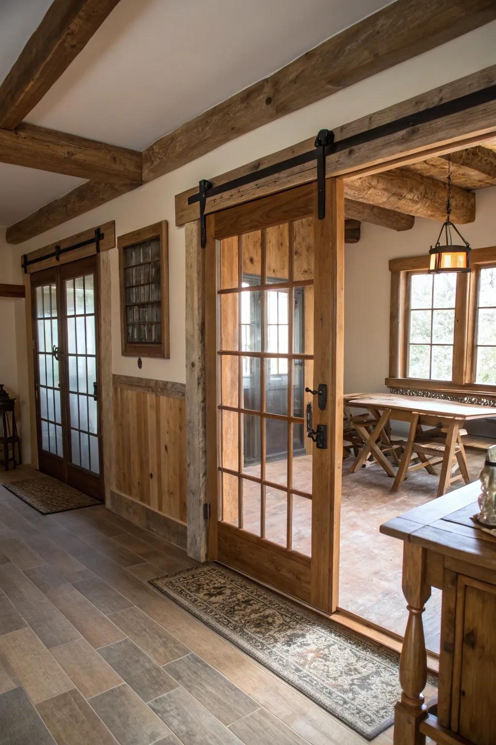 Barn door sliders enhance the rustic charm and functionality of French doors.