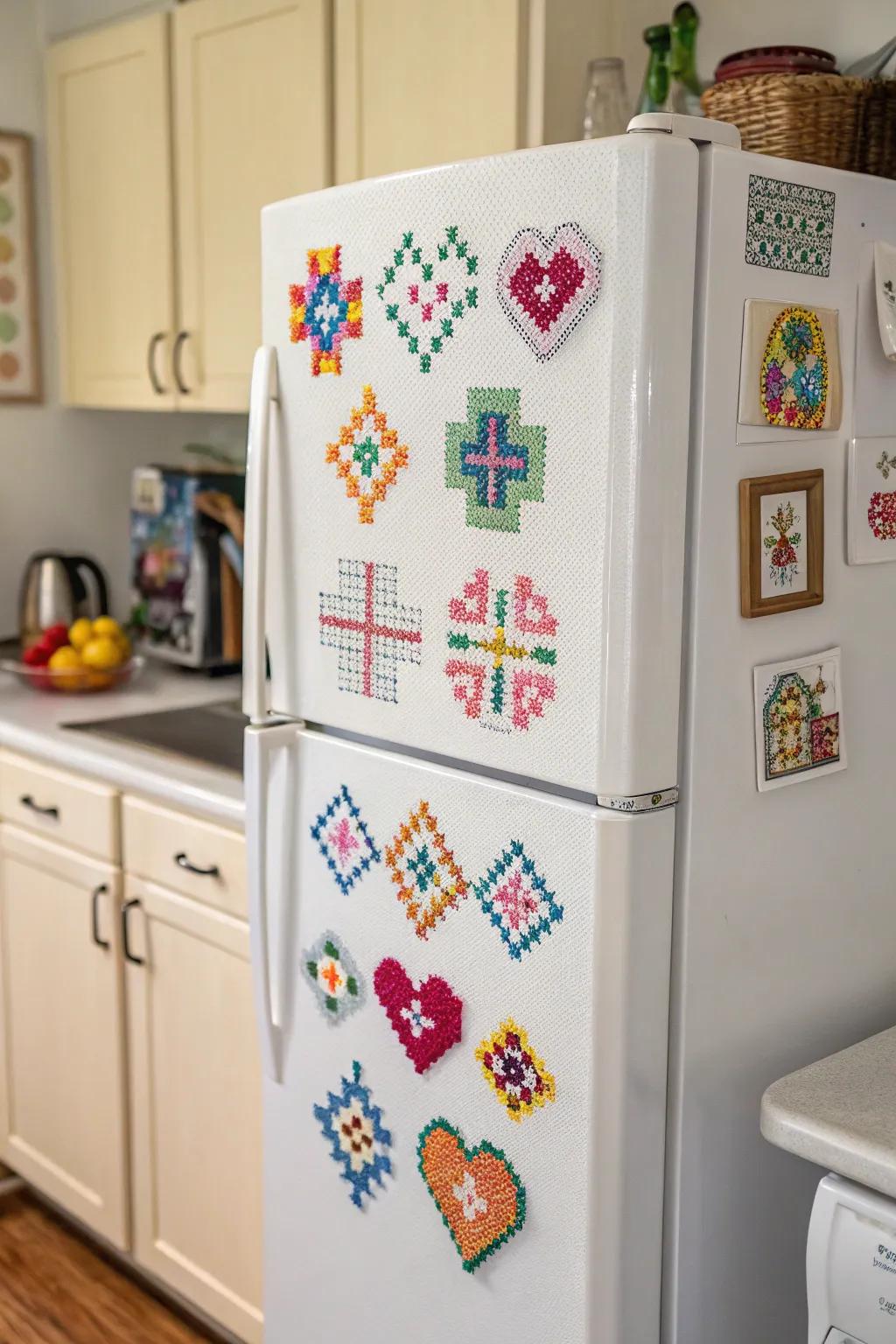 Cross stitch clasps bring color and charm to kitchen appliances