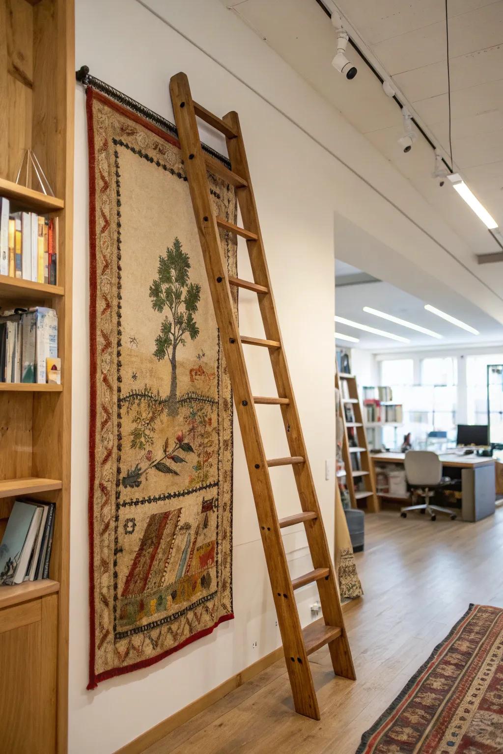 Ladders are a simple way to showcase a textile in a rustic way.