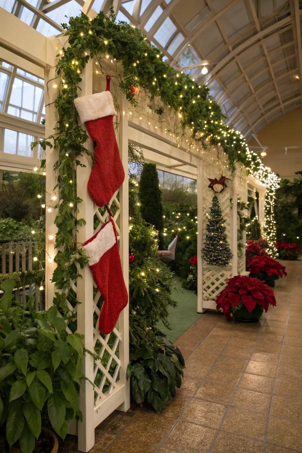An indoor garden trellis provides a unique canvas for stockings.
