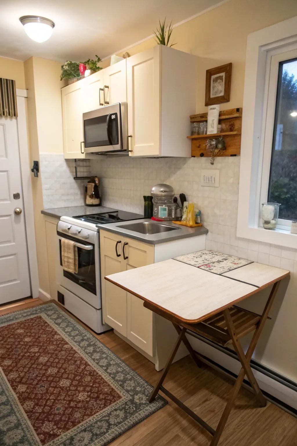 Fold-down tables provide excellent space-saving options.