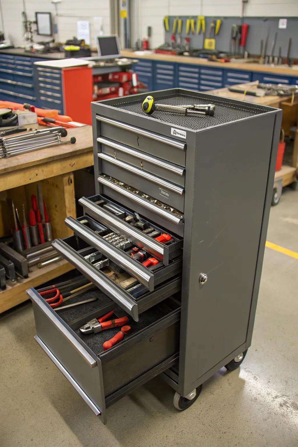 Lockable storage keeps tools protected and safe.