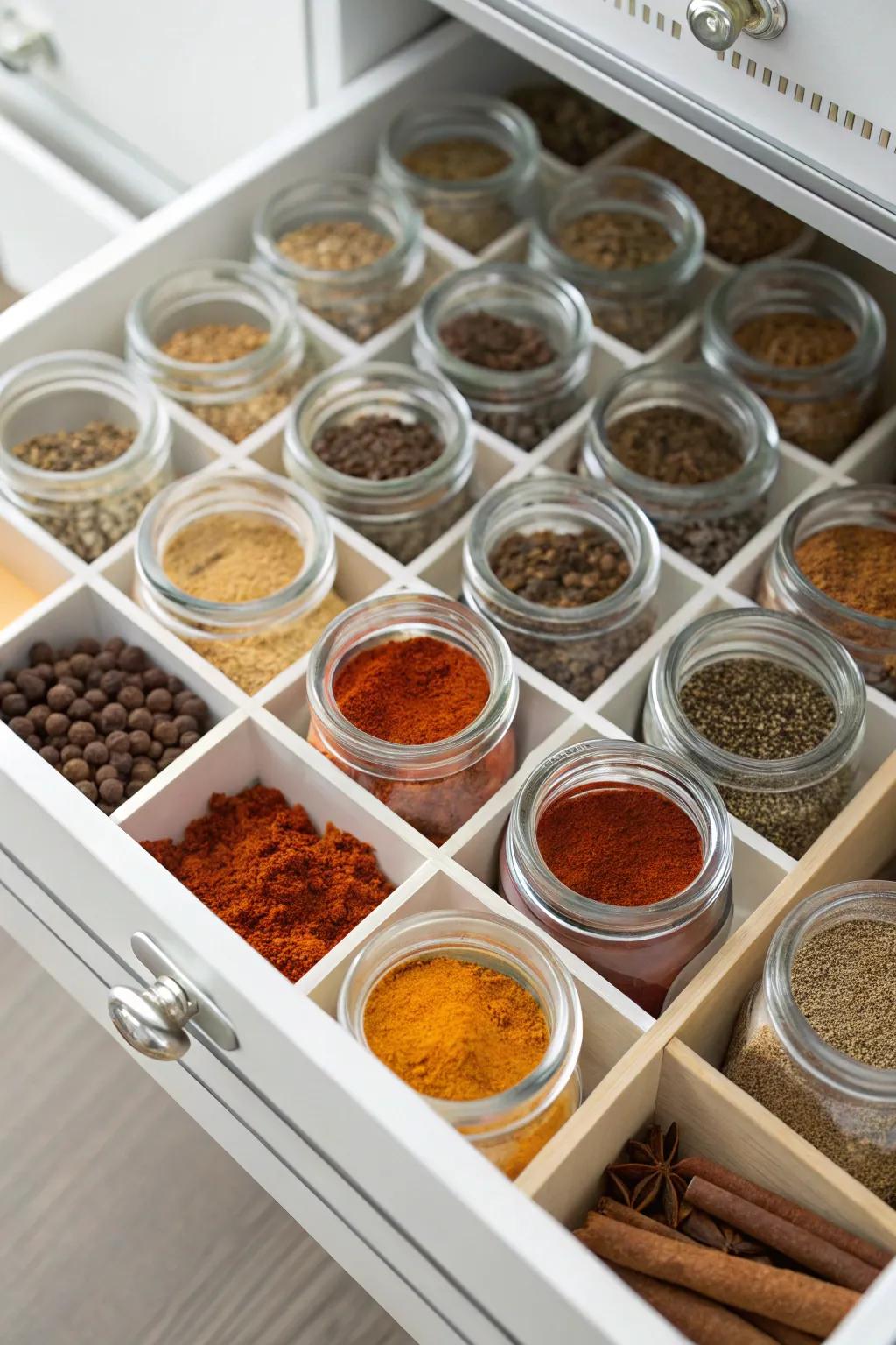 See-through panels facilitate easy spice identification.