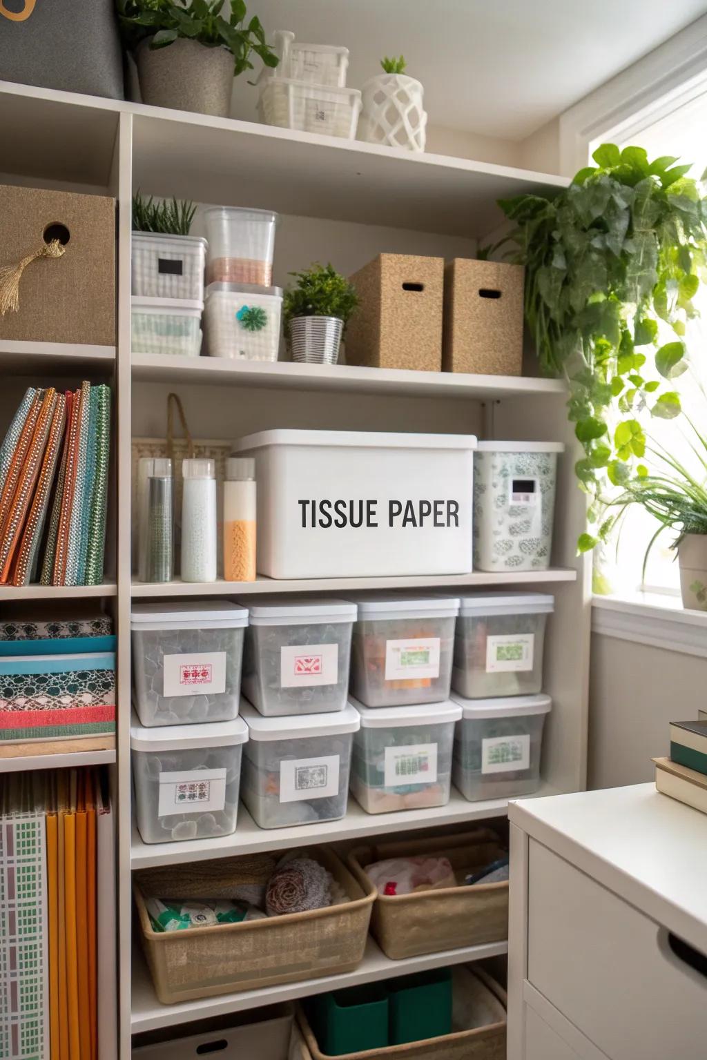 Labeled storage boxes make finding tissue paper quick and easy.