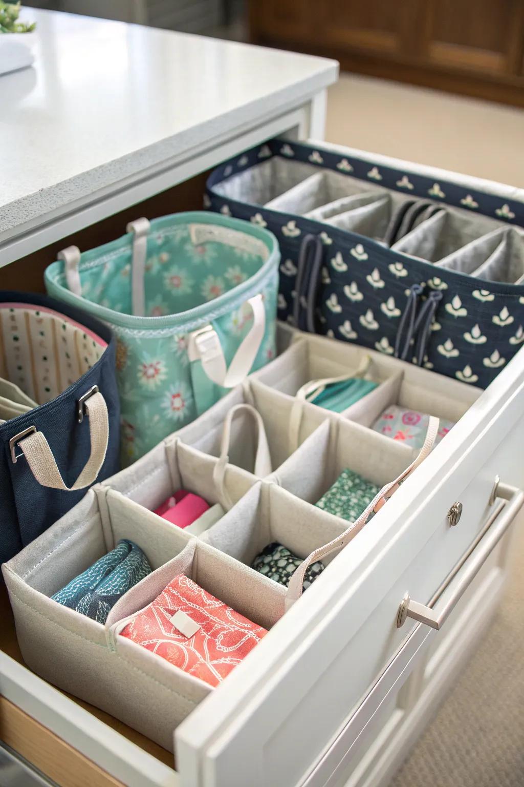 Drawer separators aid in keeping tote bags organized.