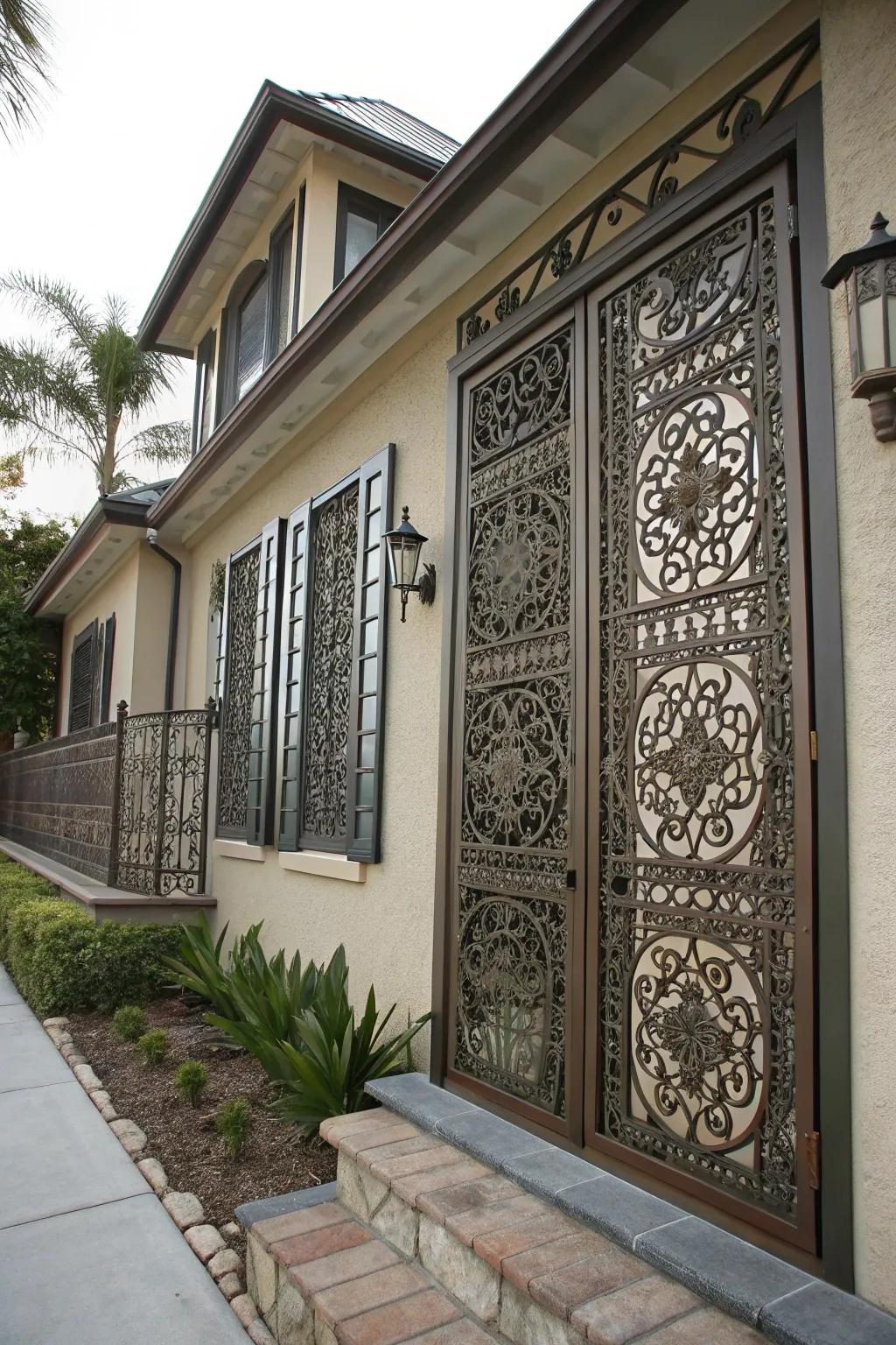 Decorative metal screens combine defense with artistic elegance.