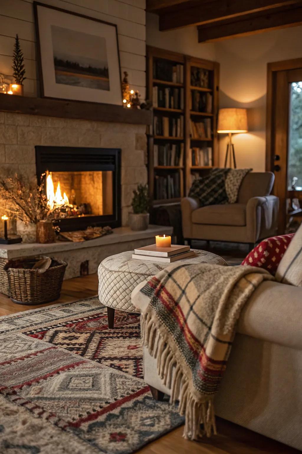 A comfortable living space with a fireplace, enhanced by layered rugs and throws for added warmth.
