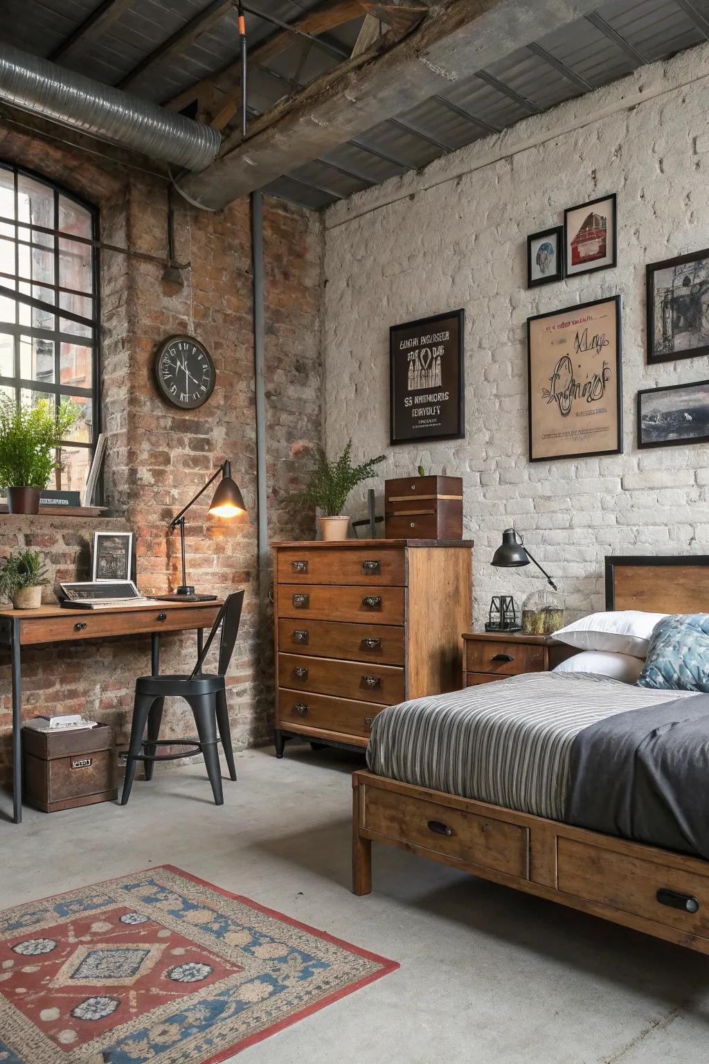 Timeless discoveries contribute history and character to this industrial bedroom.