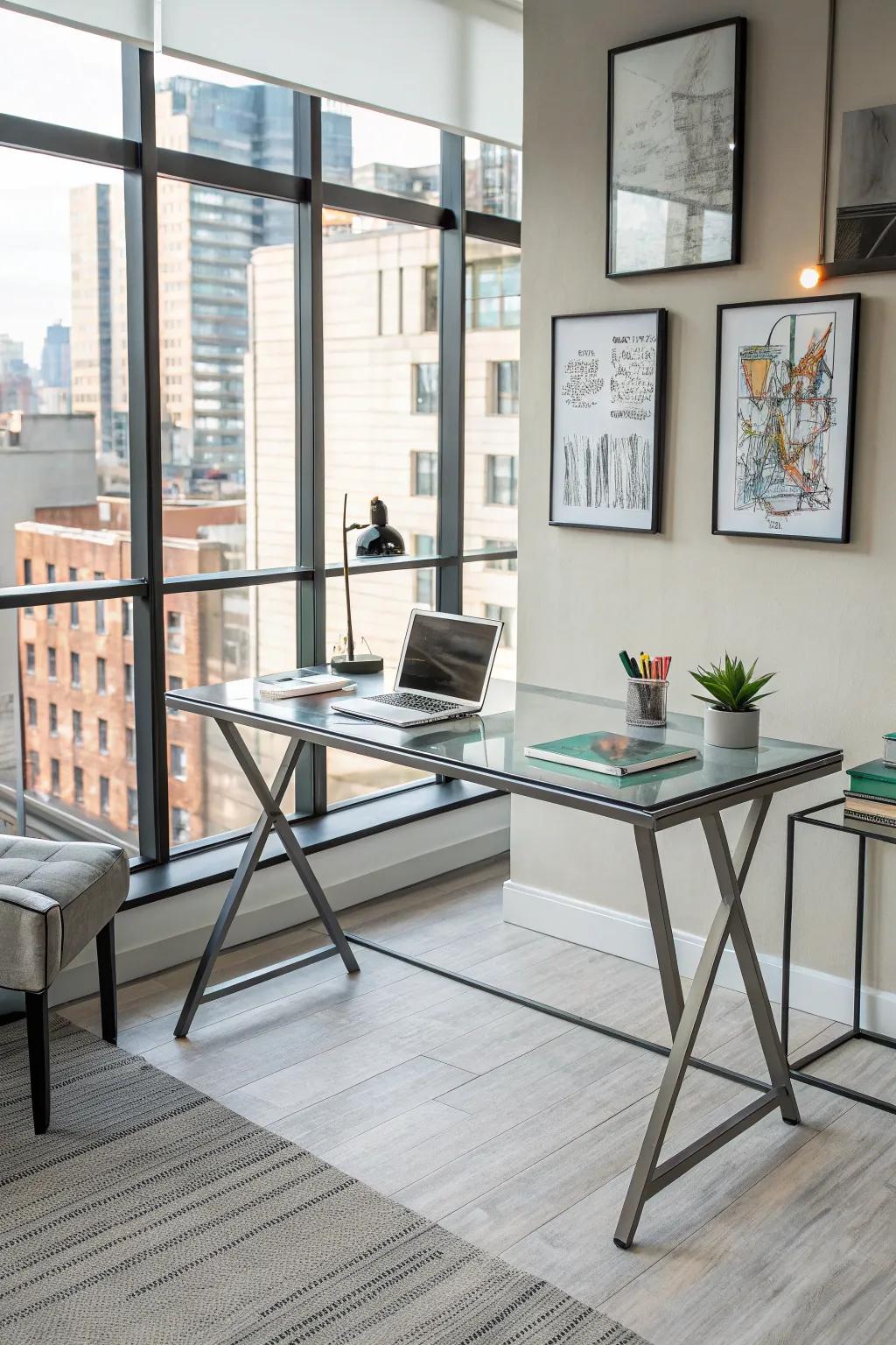 Glass and metal fashion a refined, modern industrial desk.