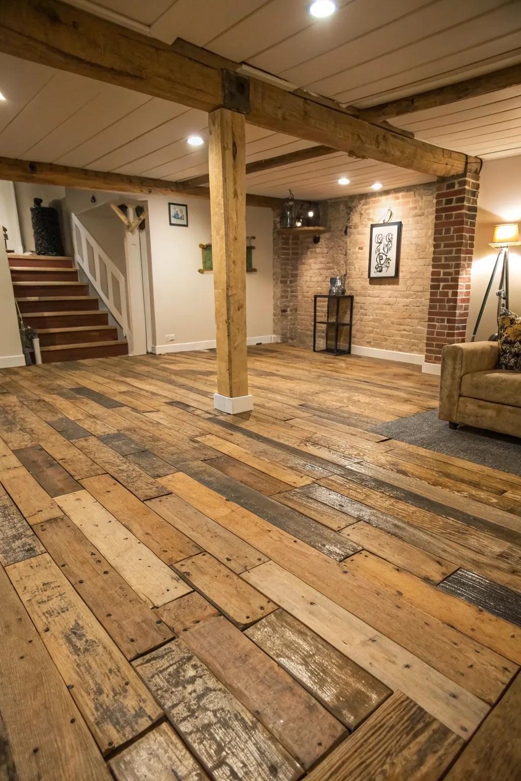Pallet wood floors present a rustic and eco-conscious touch.