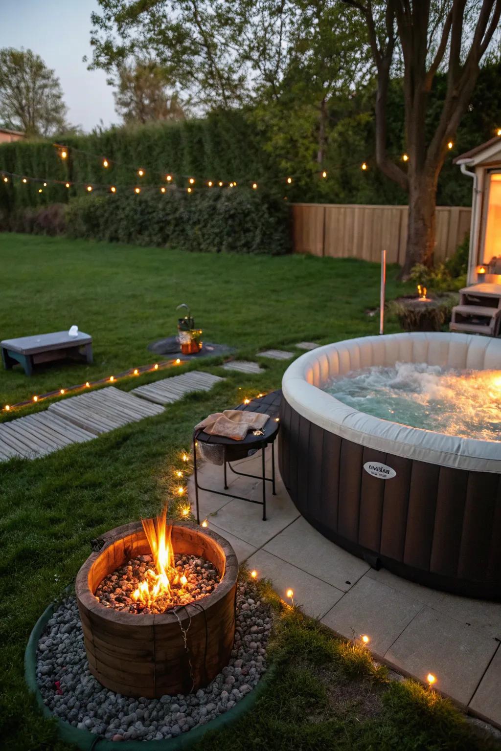 A fire hollow imparts warmth and allure to the spa vicinity.