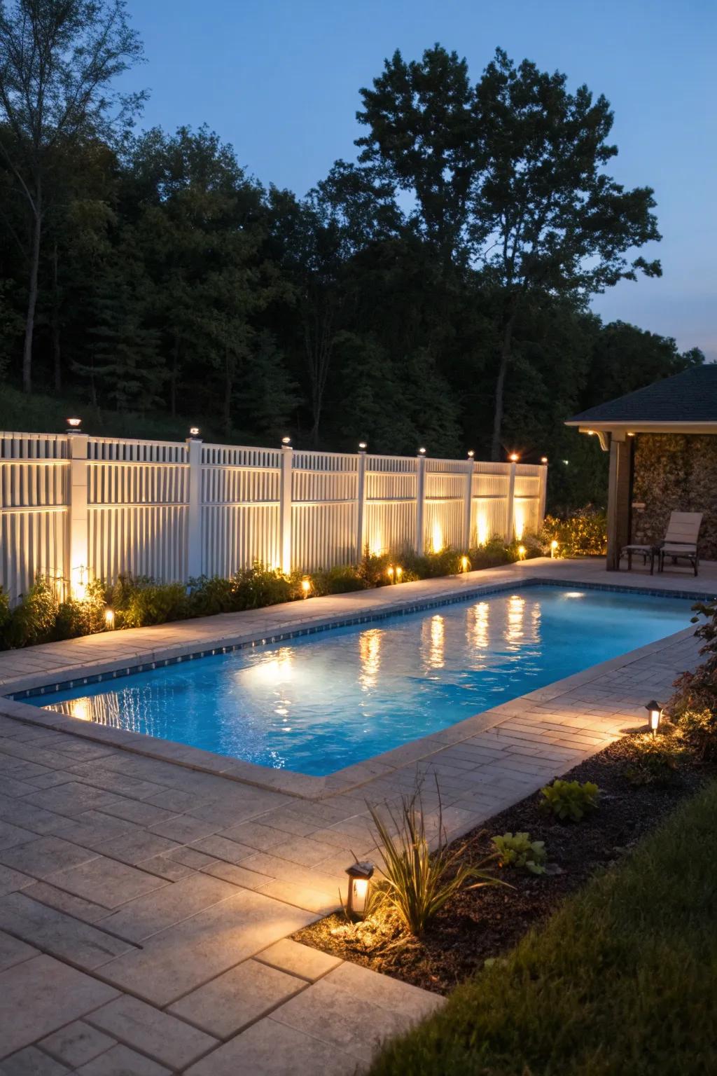 Integrated illumination layers ambiance and protection to pool enclosures.