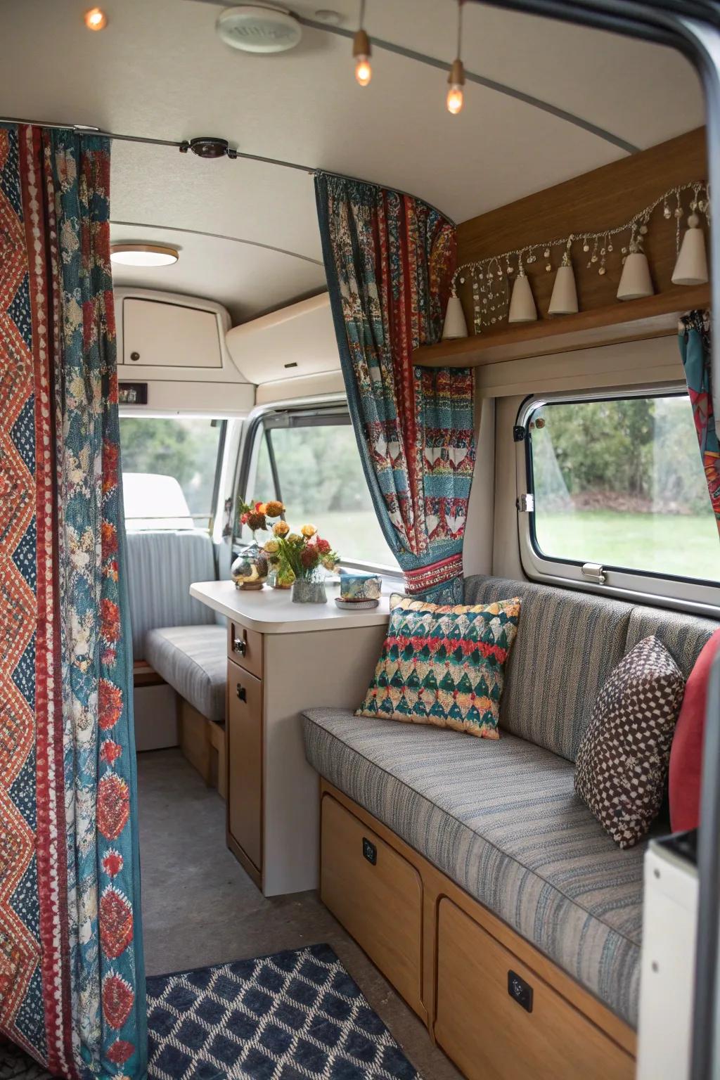 Patterned drapes adding aesthetic interest and design inside the RV.