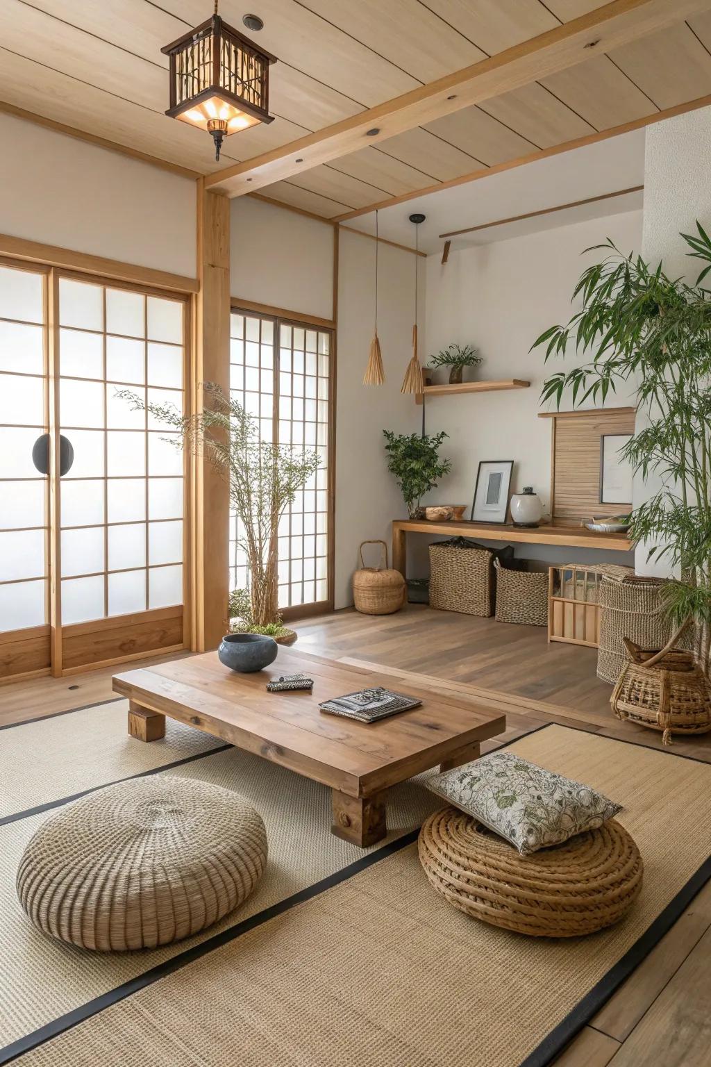 Eco-friendly accents and organic decor enhance the sustainability of this space.