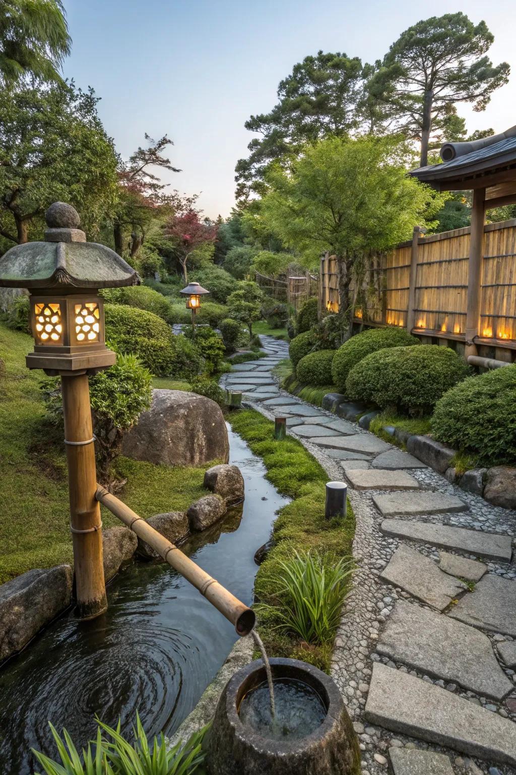A shishi odoshi water feature featured in a Japanese garden.