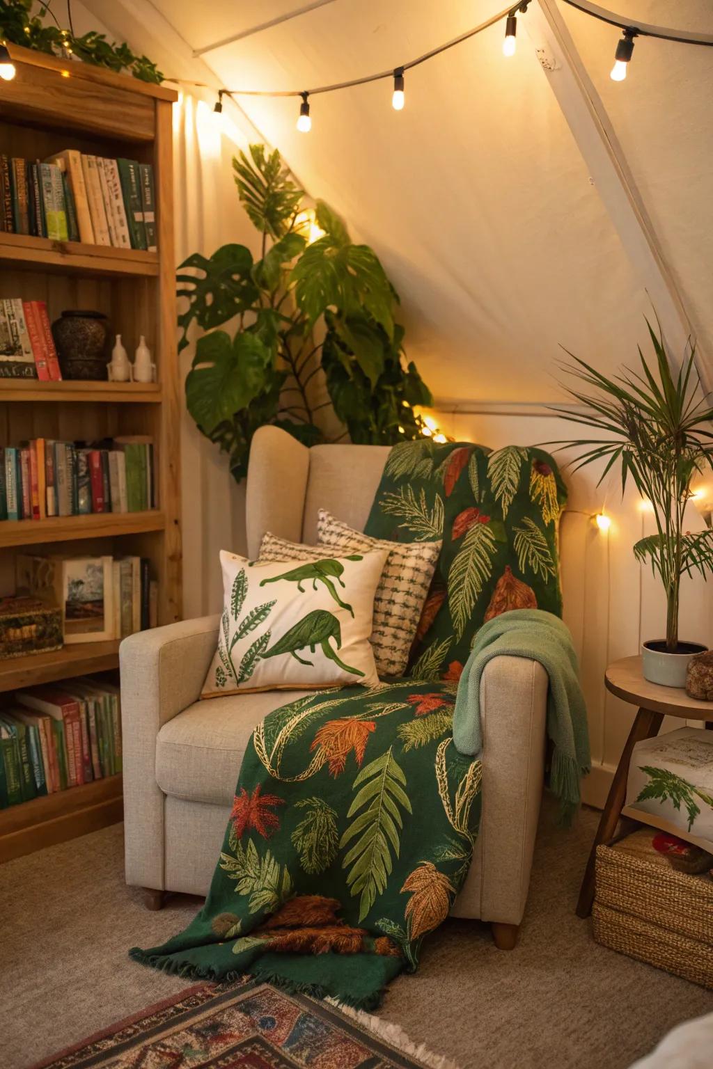 A reading nook provides a perfect escape within your jungle room.