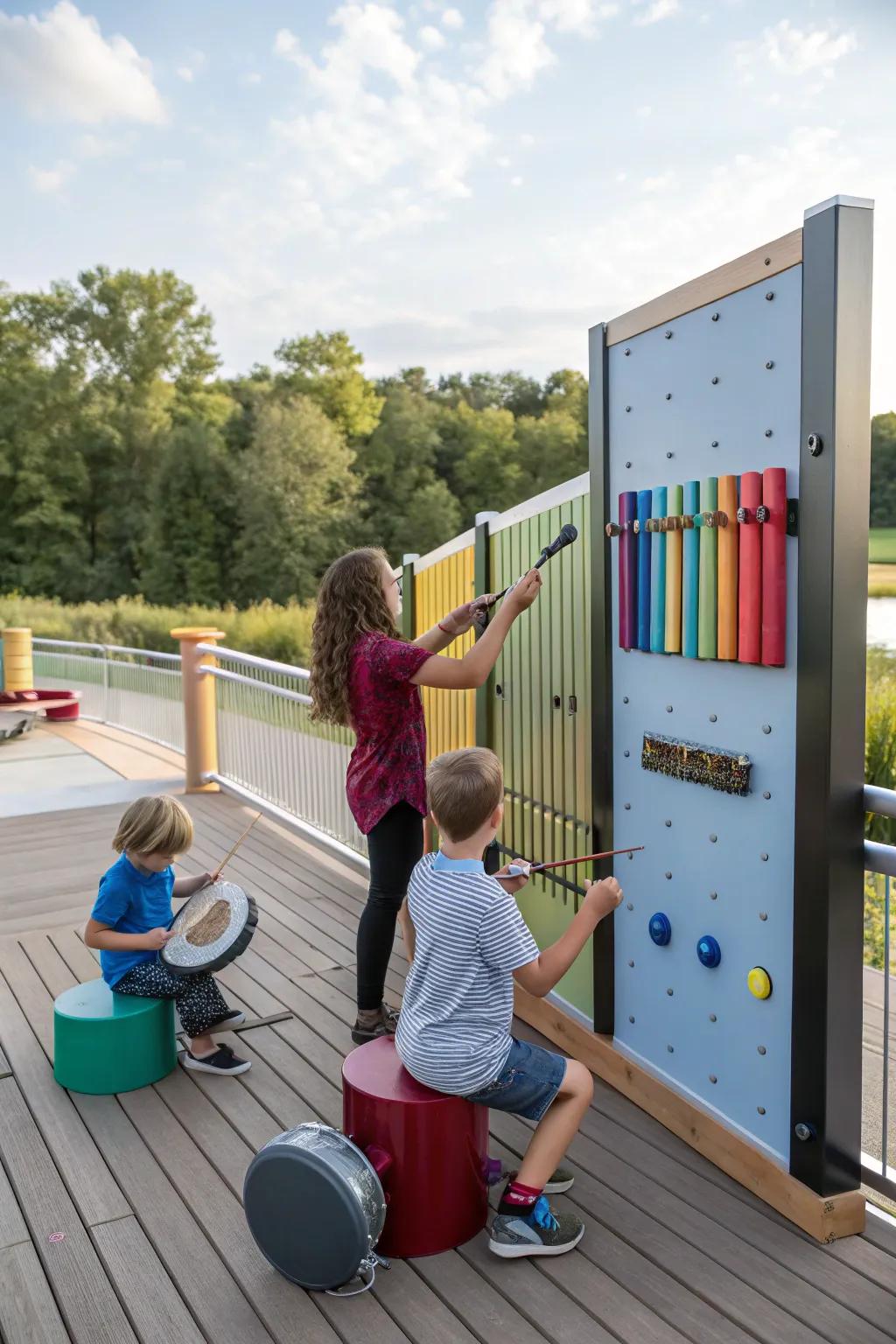 A deck featuring an interactive music station where kids are experimenting with different instruments.