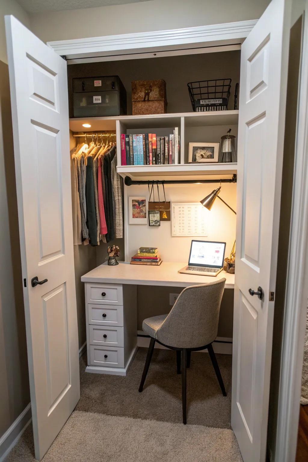 A hidden study corner inside a closet.