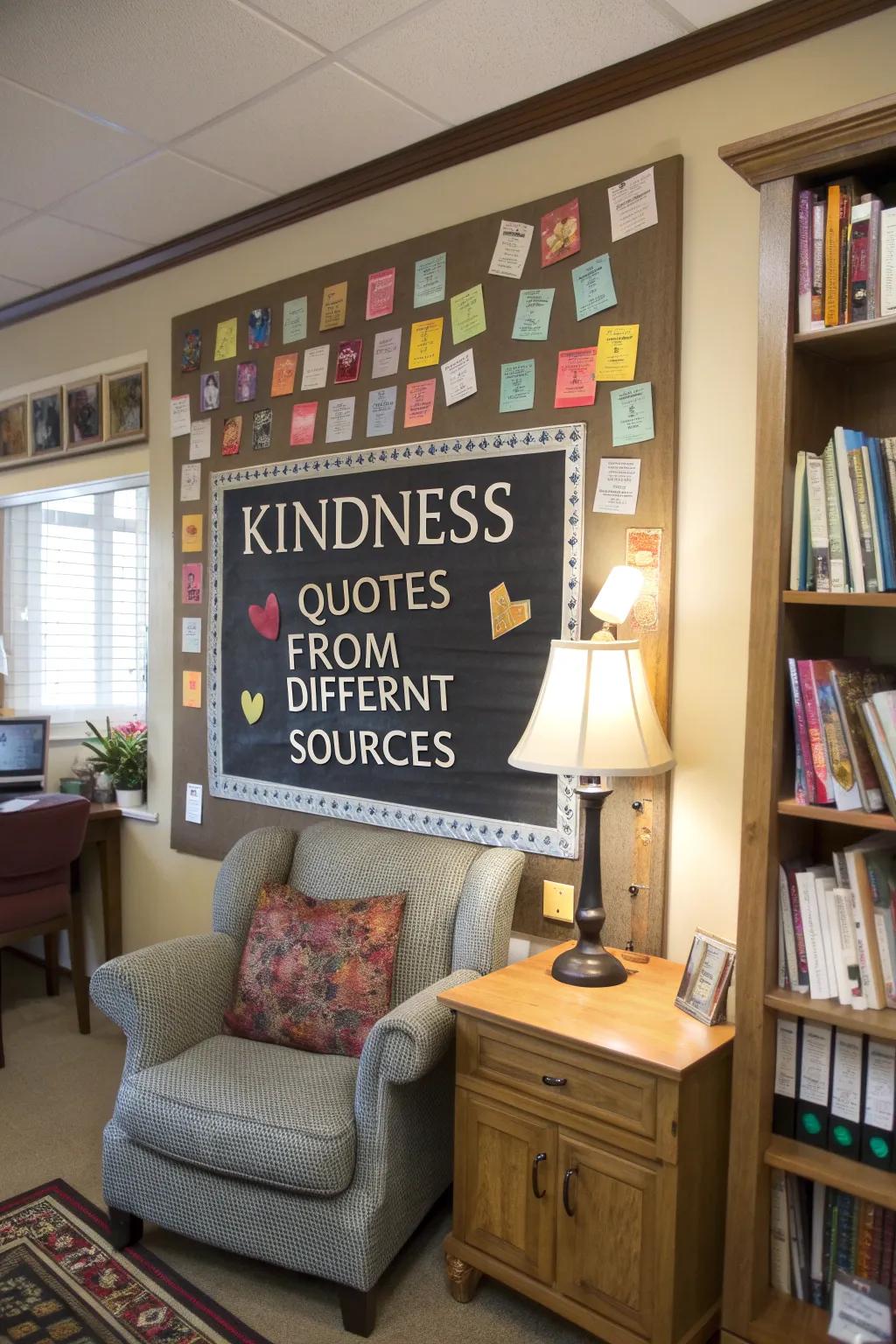 A cozy study kindness saying showcase filled with inspirational sayings from various sources.