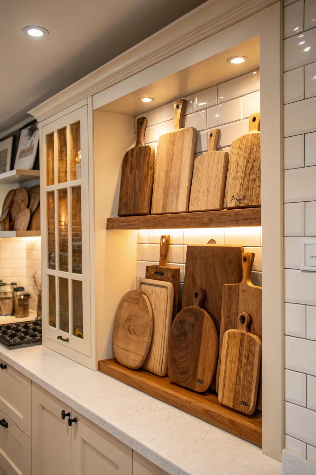A partition recess becomes a unique showcase for chopping surfaces.