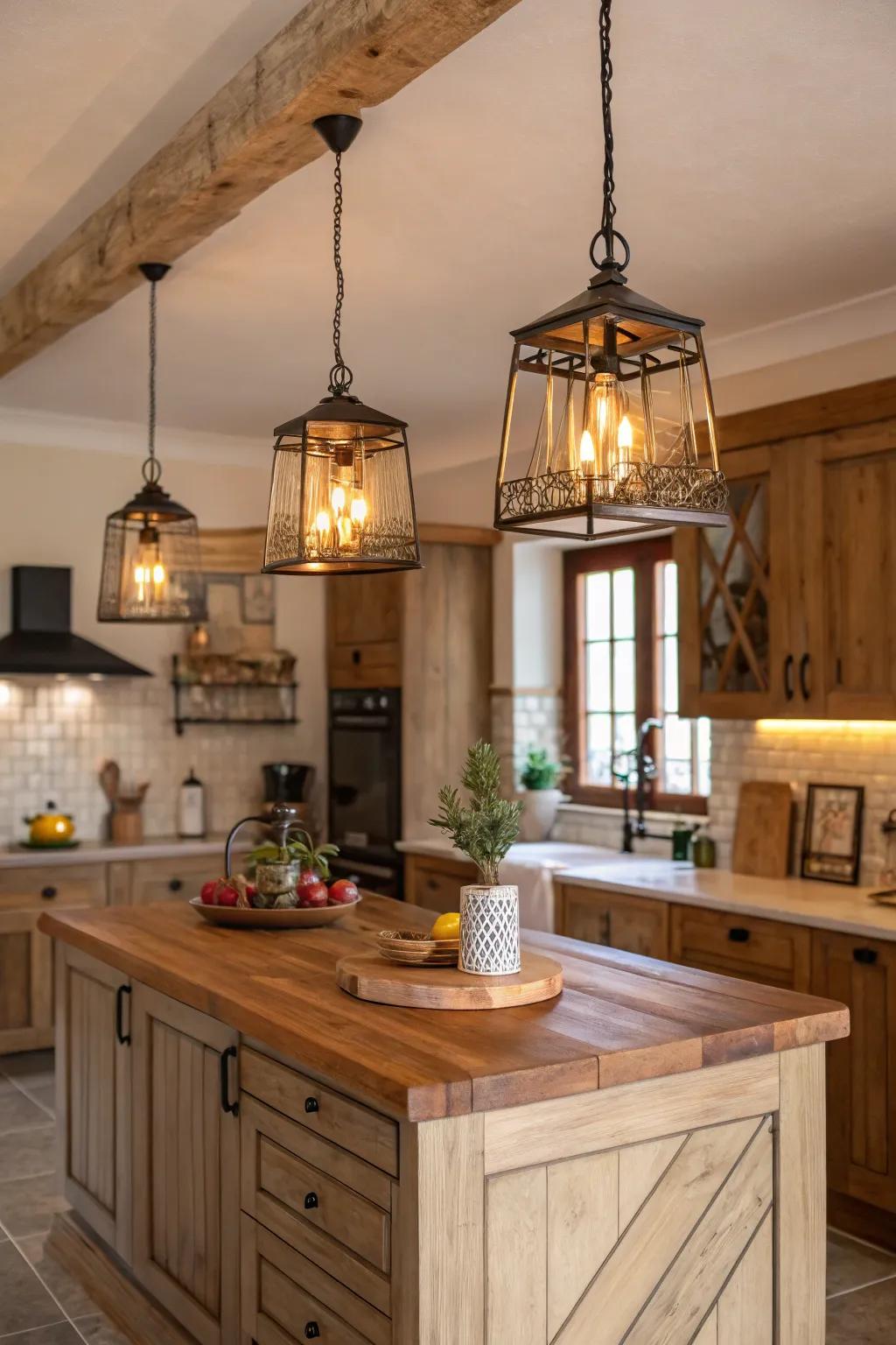 Timber features in lighting units add cosiness to the kitchen.