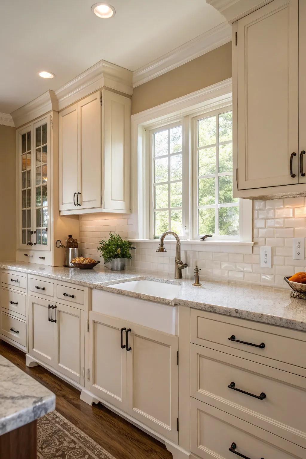 Classic beige walls offer a simple and timeless background.