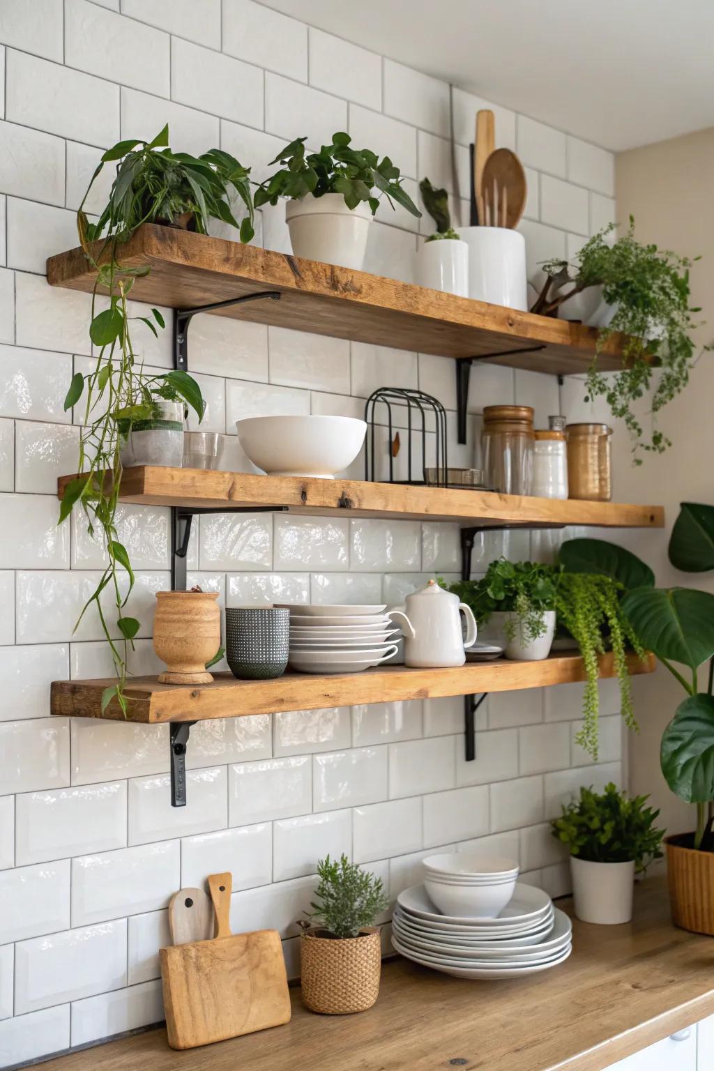 Natural-edge drifting shelves introduce organic elegance within your kitchen space.