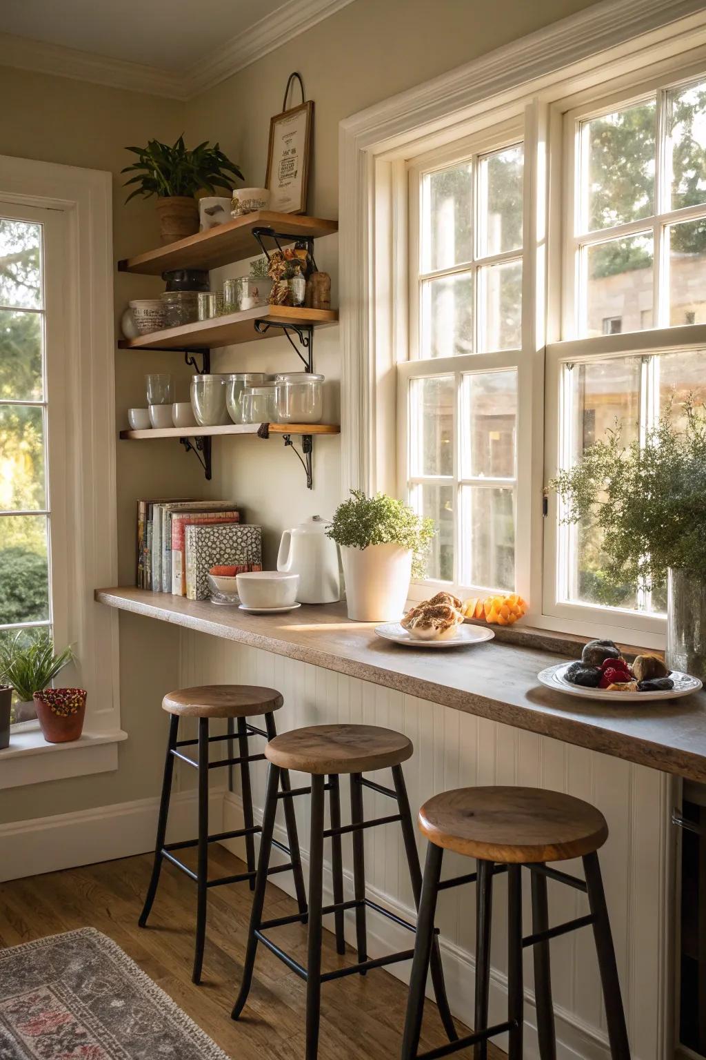 A breakfast nook by the window shelves is perfect for morning coffee.