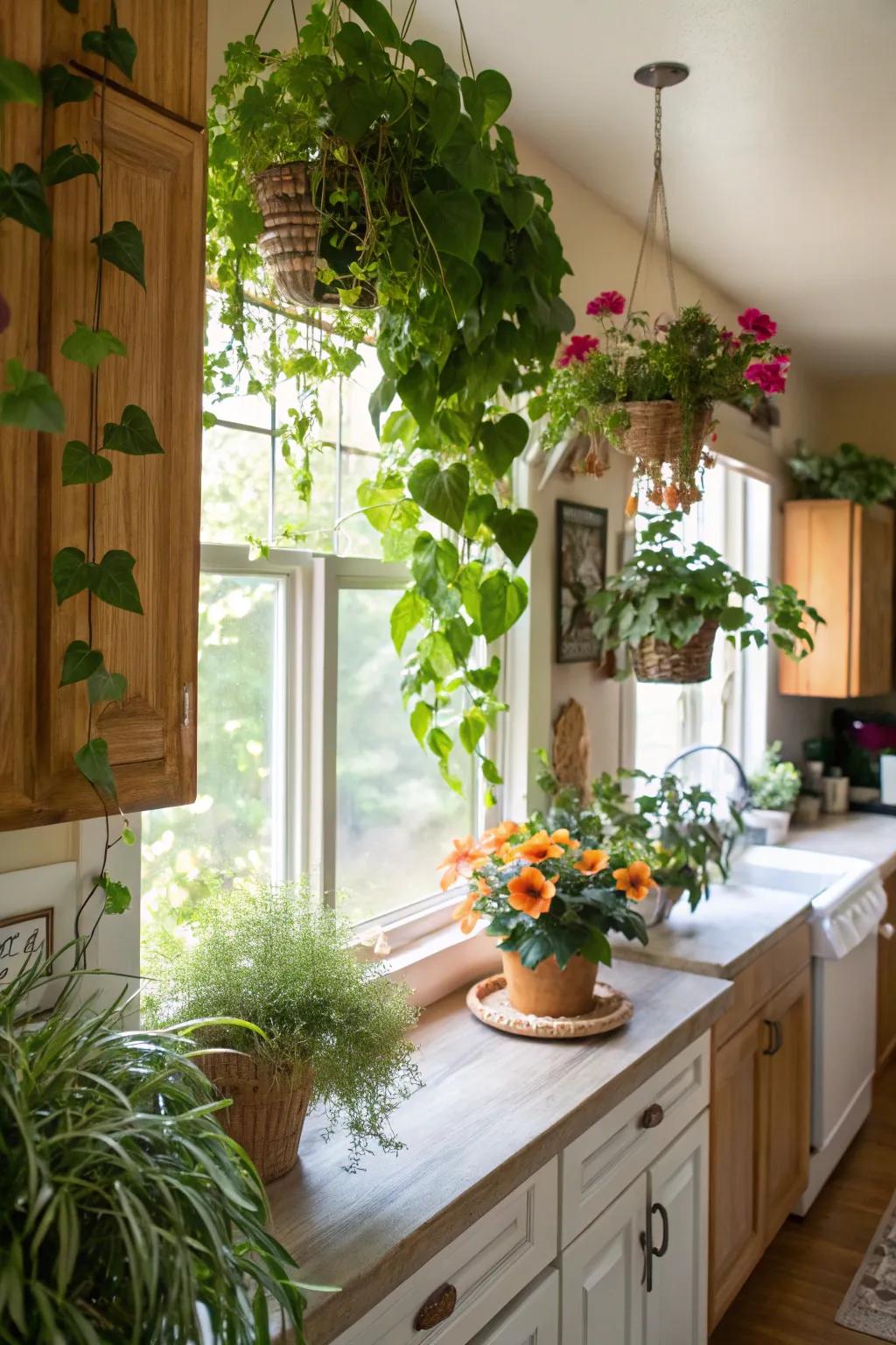 Vegetation around the window add vitality and a natural touch to kitchens.