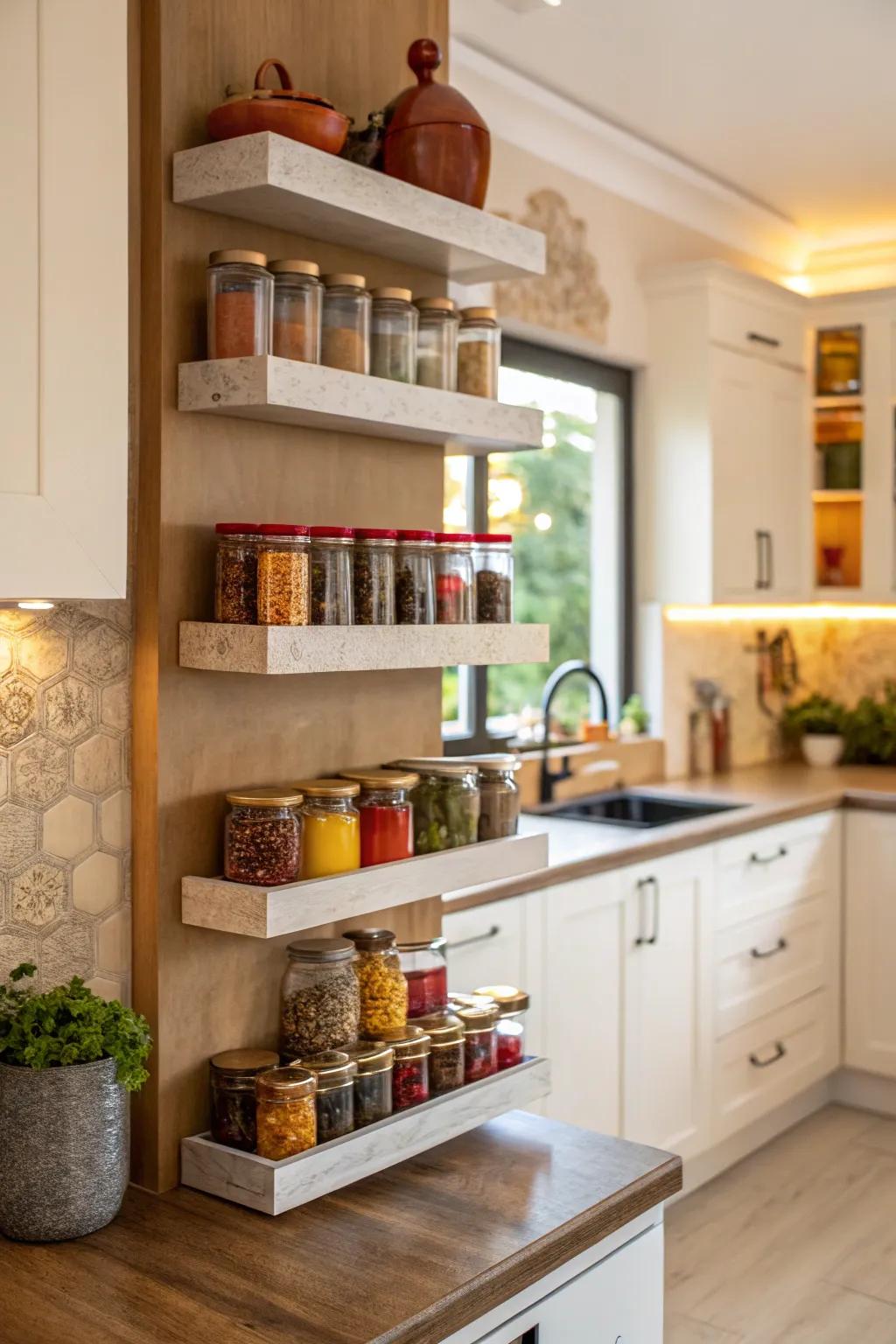 Intersecting shelves make efficient use of kitchen space.