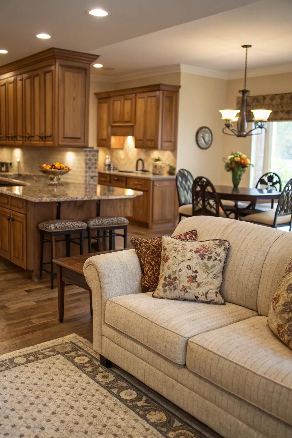 A kitchen where the sofa acts as a visual centerpiece, inviting conversation and enhancing the social atmosphere.