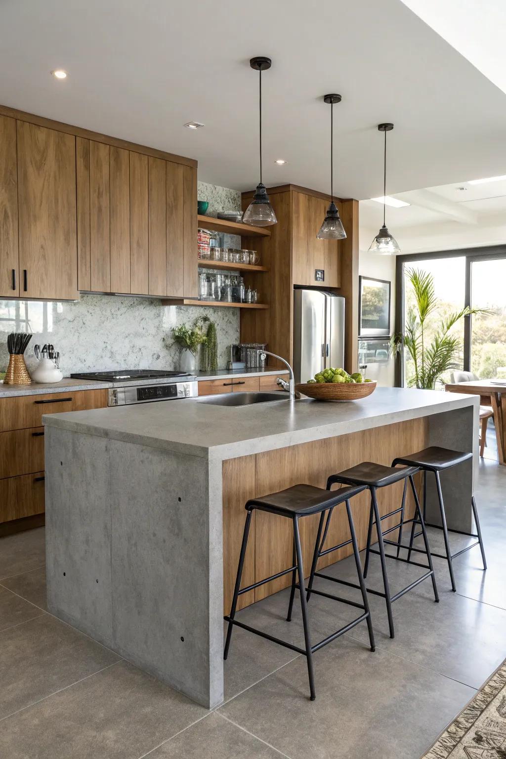 A kitchen with a central island featuring a striking concrete worktop.