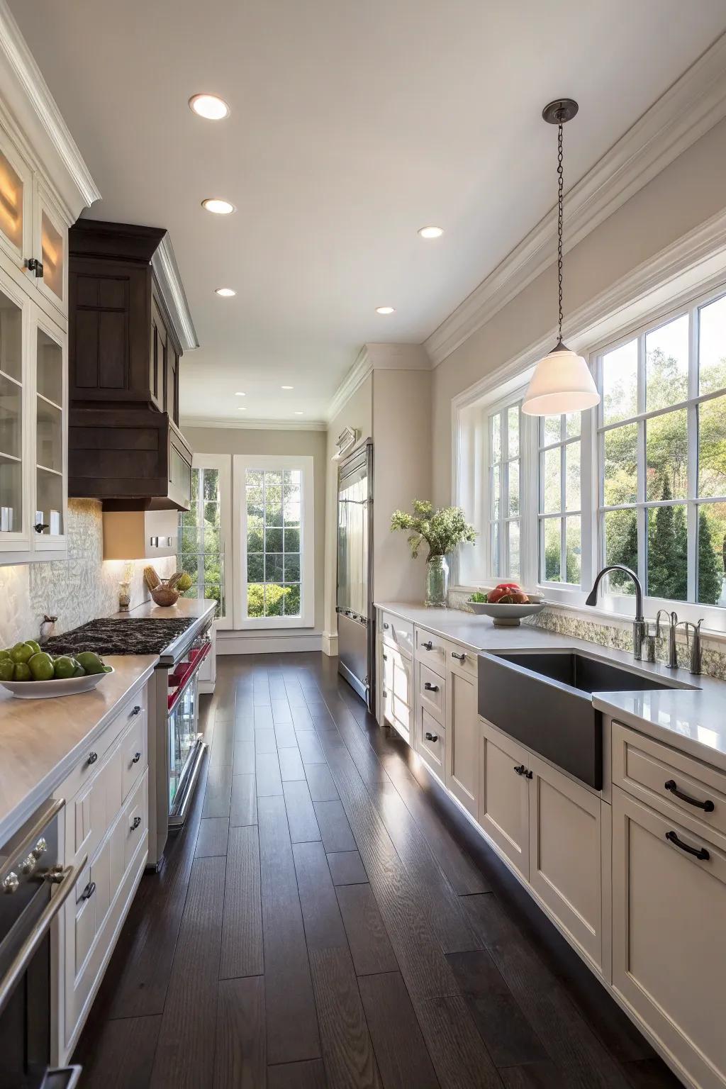 Light walls balance the deep floors within this spacious kitchen.