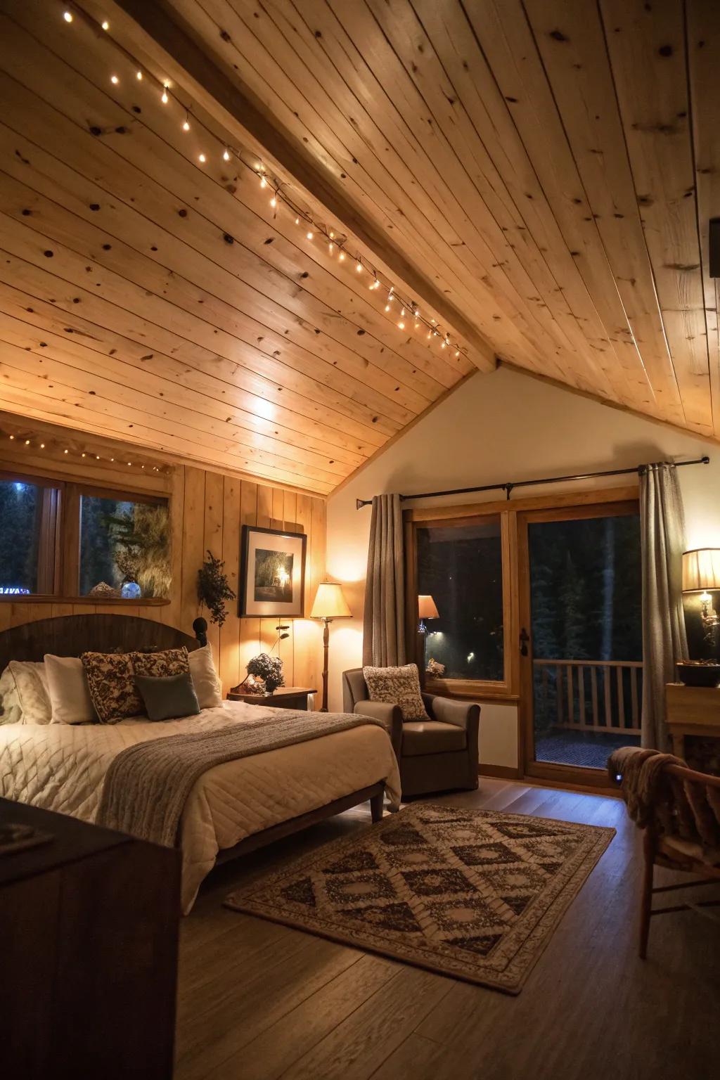 A cozy room where ambient illumination enhances the pine clad ceiling.