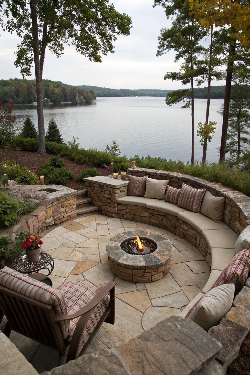 A sunken brazier blueprint proffers a sequestered and intimate lakeside expanse.