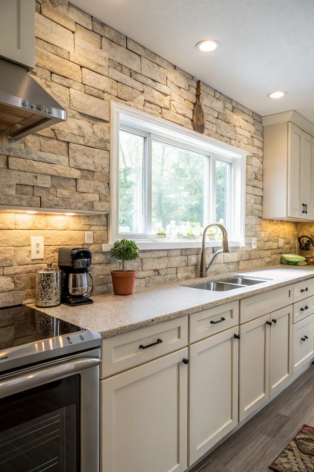 Genuine stone-aesthetic layered material imparts elegance to your kitchen.