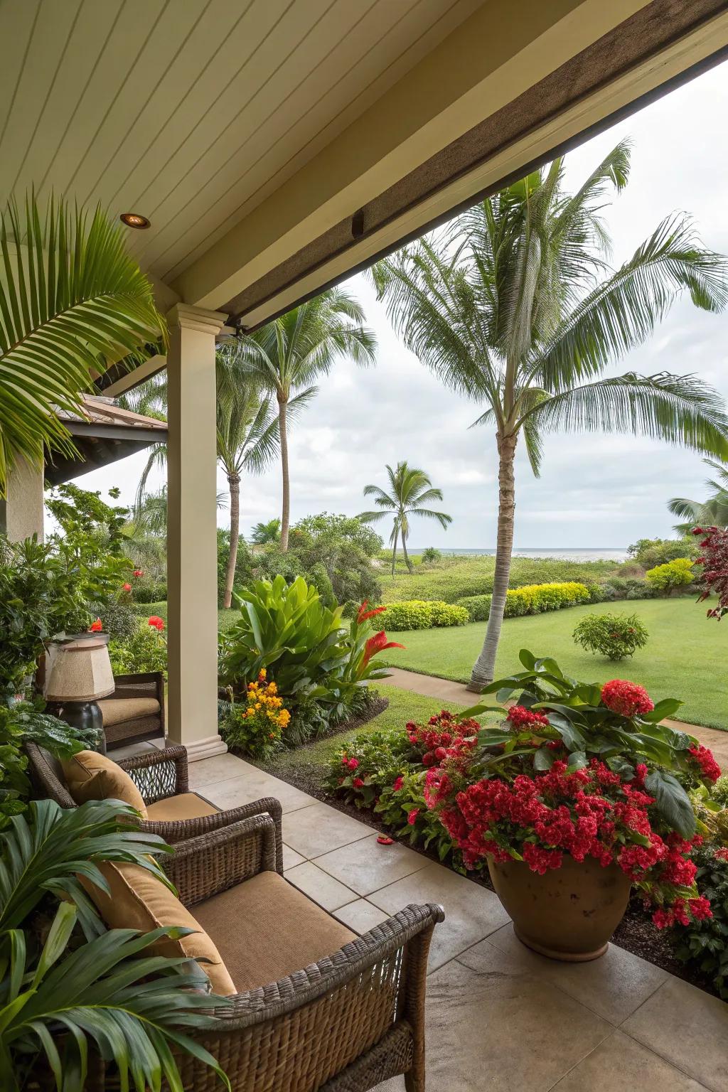 Exotic botanical life infuses an energetic, exotic ambiance to this lanai.