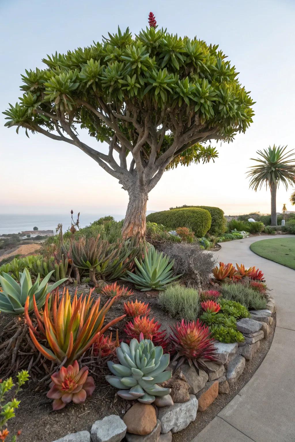 A crassula garden introduces intriguing forms and colors near trees.