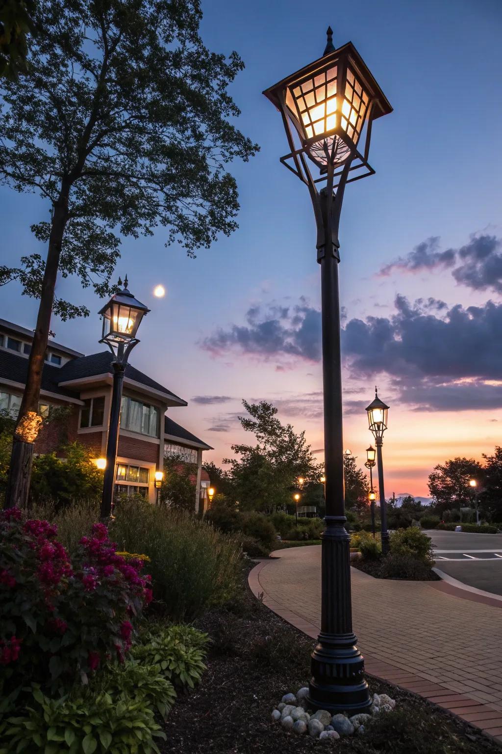 Solar illumination intensifying the radiance encircling a lamp post.