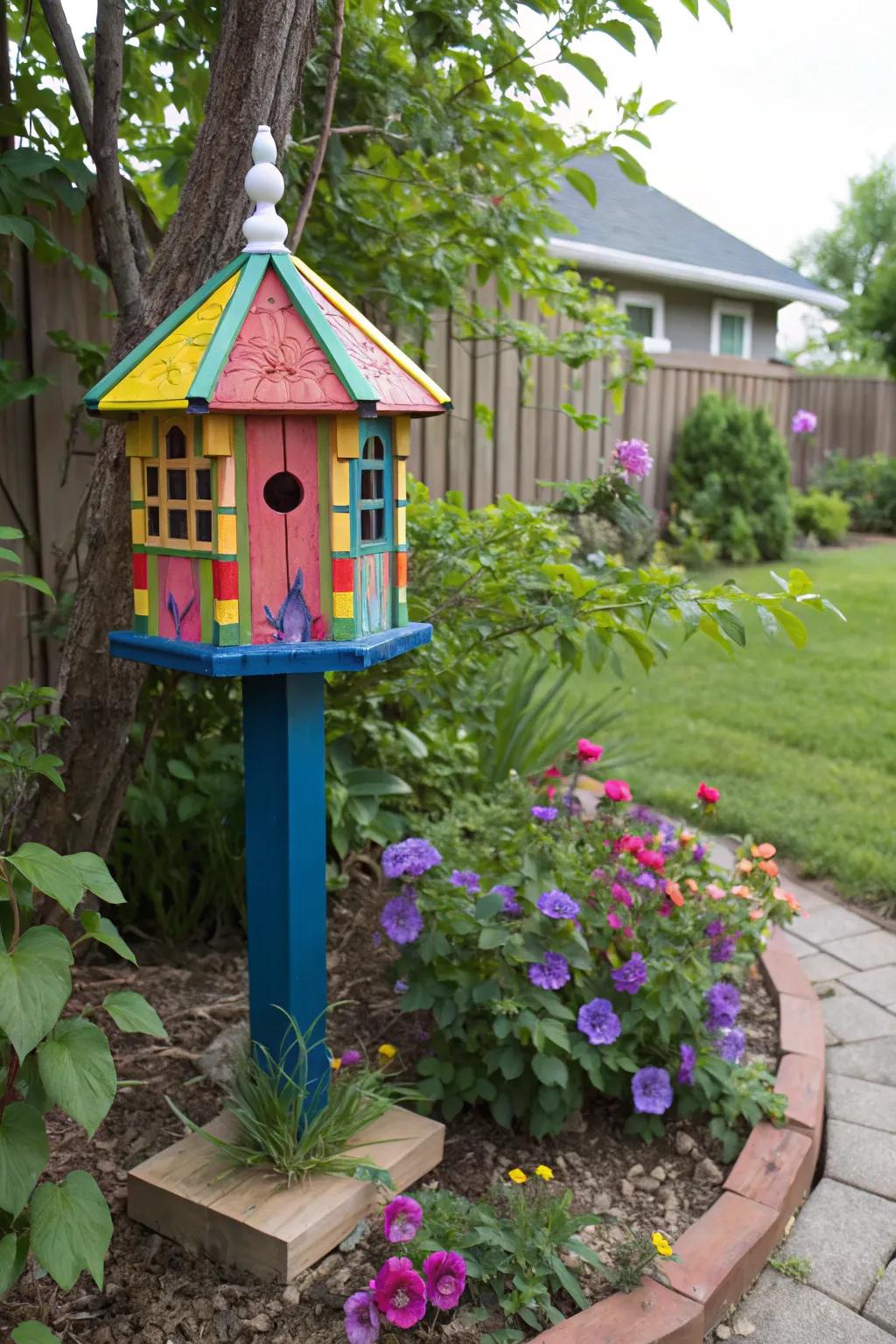 A vivid feeder transforms a quiet space into a bustling attraction.
