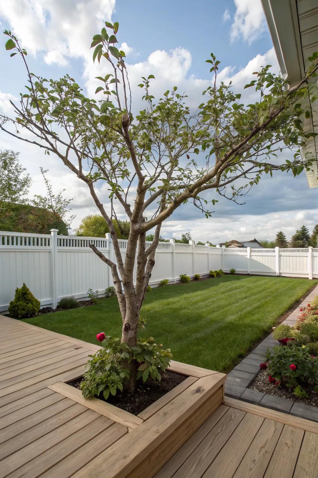 A tree fused into a deck, proffering a pleasant outdoor living expanse.