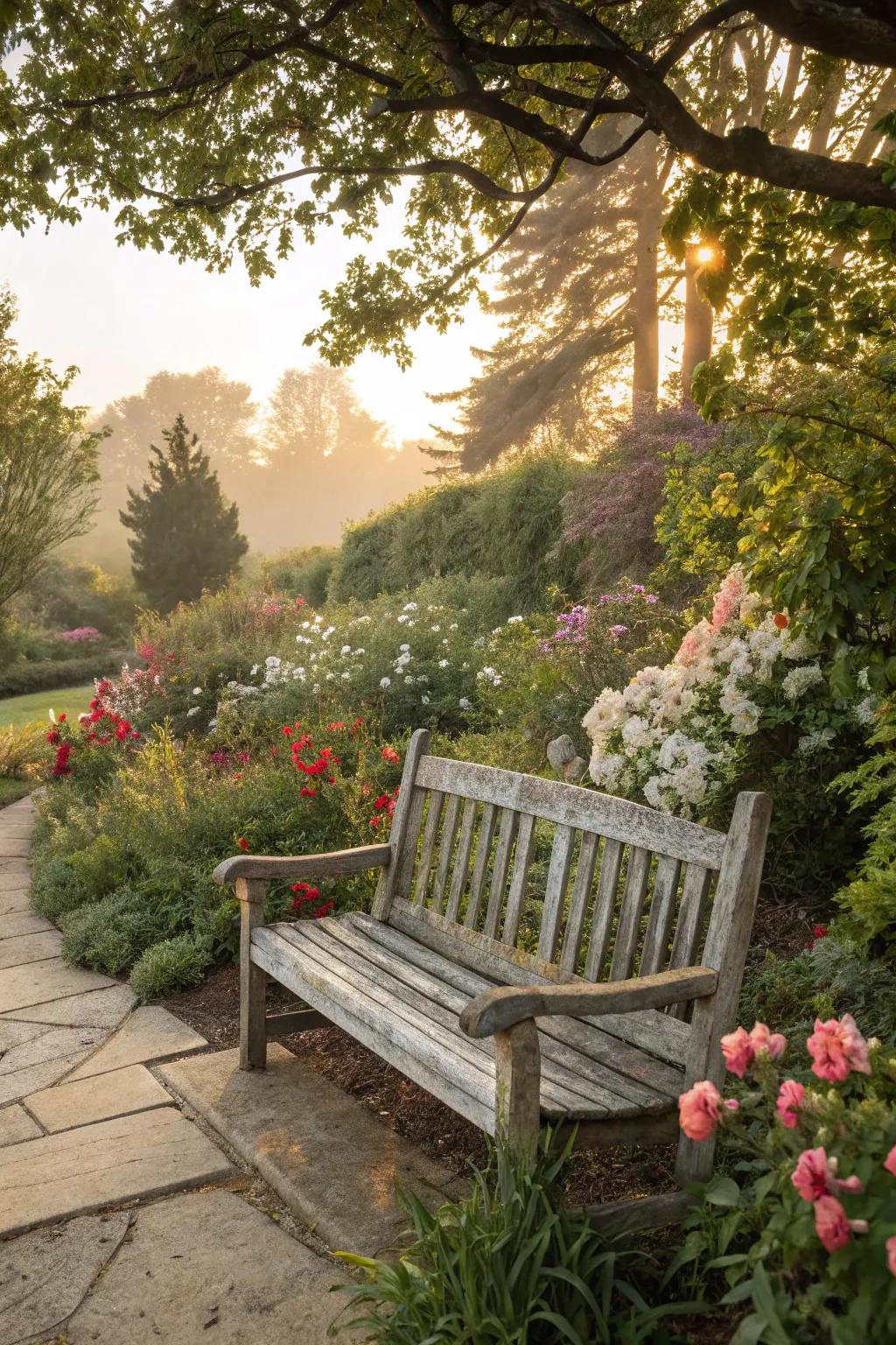 Timber seating invites relaxation in the garden.