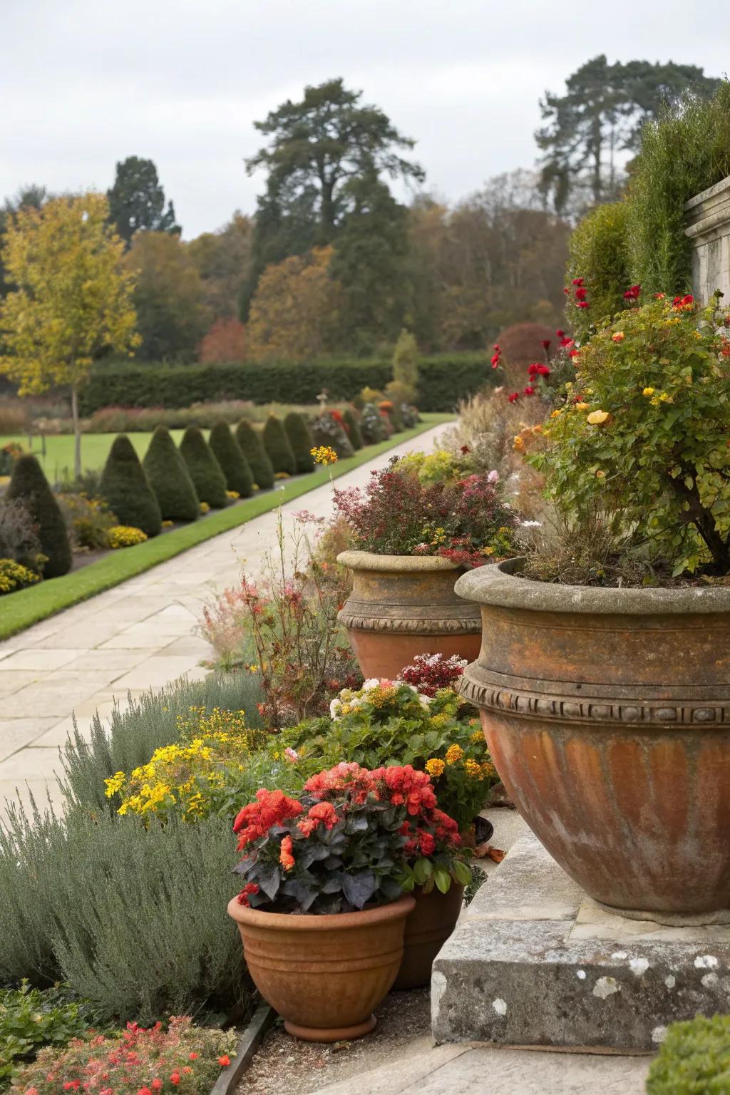 Maintain your garden's freshness through a revolving seasonal pot display.