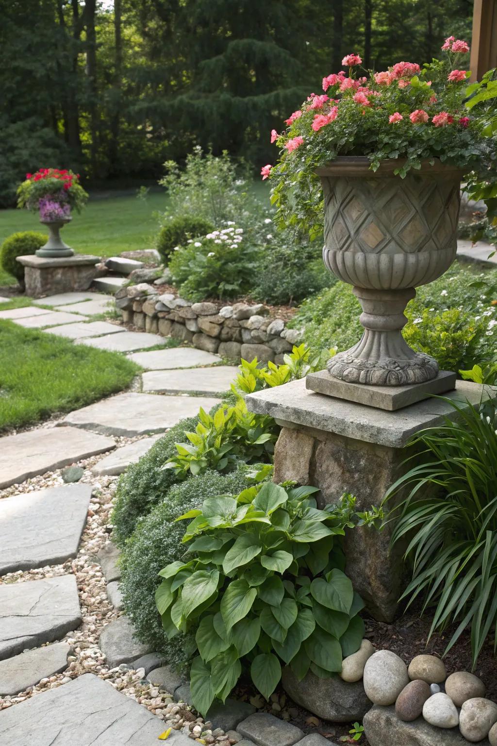 Boulder embellishments highlight and frame garden characteristics.